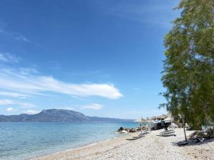 a beach with chairs and trees and the water at Seaside Apartment in Vrachati