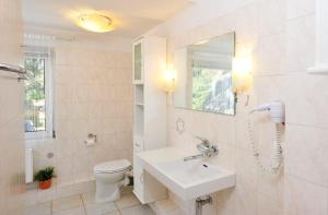 a bathroom with a sink and a toilet and a mirror at Haushaelfte-Kuddel-104 in Böhl