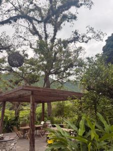 a wooden pavilion with a picnic table and a tree at Casa Xunaan in Gómez Farías