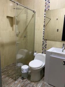 a bathroom with a toilet and a glass shower at Casa o Habitación in Villeta