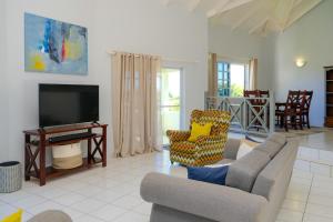 a living room with a couch and a tv at Spacious Apartment Mountain & Sea Views in Mount Helicon