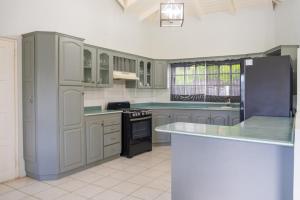 a kitchen with white cabinets and a black refrigerator at Spacious Apartment Mountain & Sea Views in Mount Helicon