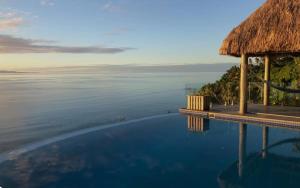a resort swimming pool with a thatch roof at Raitotoka Eco Resort in Matei