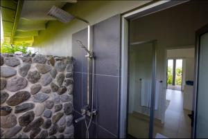 a bathroom with a walk in shower next to a stone wall at Raitotoka Eco Resort in Matei