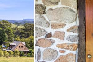 two pictures of a stone wall and a house at Stone Cottage - vineyard estate w. fireplace in Milton
