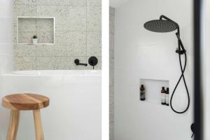 two pictures of a bathroom with a shower and a stool at Barker Retreat in Burrill Lake