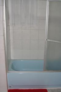 a shower with a blue tub in a bathroom at Cozy Apartment in Kingston +22 photos