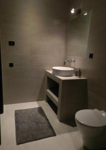 ein Badezimmer mit einem Waschbecken, einem WC und einem Spiegel in der Unterkunft Villalfonsina Country House in Villalfonsina