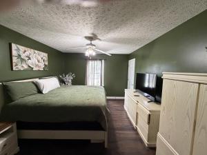 a green bedroom with a bed and a flat screen tv at Marvielous Stay in Jacksonville