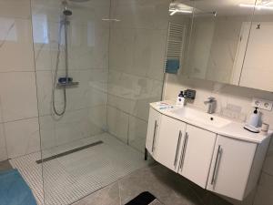 a bathroom with a shower and a sink and a mirror at Ferienhaus Nine in Oberthal