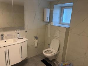 a white bathroom with a toilet and a sink at Ferienhaus Nine in Oberthal