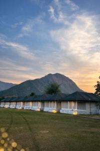 a row of tents with mountains in the background at Rangmahal Pushkar by DIV HOSPITALITY in Pushkar