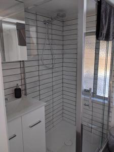 a bathroom with a shower and a sink at Bottletree Gardens - Mini Manson Blue in Gold Coast