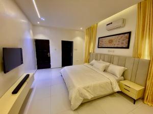a bedroom with a bed and a flat screen tv at Aulein Apartments in Abuja