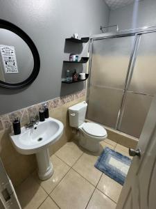 a bathroom with a shower and a toilet and a sink at Casa No6 Ascot in Carapo