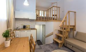 a small apartment with a kitchen and a dining room at Inga Vacation House in Druskininkai