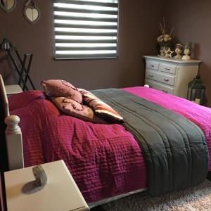 1 dormitorio con 1 cama con manta rosa y vestidor en Gîte Céleste, en Péruwelz
