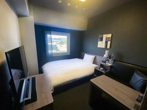 a hotel room with a bed and a television at Hotel Route-Inn Tsuyama Ekimae in Tuyama