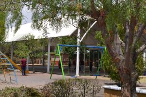 a park with swings and a tree with a tent at Casa Versalles in Aguascalientes