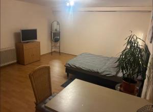 a room with a bed and a table and a television at Apartments an der Messe in Düsseldorf