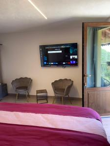 a bedroom with a bed and a flat screen tv on the wall at B&B Island View in Parzanica