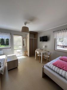 a bedroom with a bed and a table and a desk at Sosenkowo Domki Letniskowe in Pobierowo