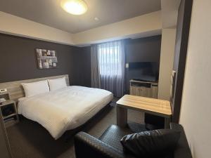 a hotel room with a bed and a television at Hotel Route-Inn Kanuma Inter in Kanuma