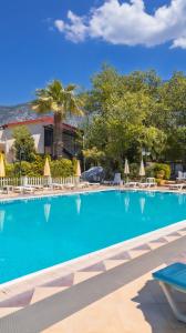 a large swimming pool with chairs and umbrellas at Yakamoz Hotel Fethiye in Fethiye