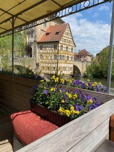 a pot of flowers on a balcony with a building at Gästehaus zur ehemaligen Mehlwaage wohnen und genießen in Bamberg