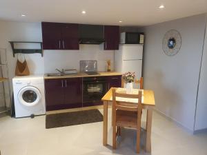 a kitchen with a table and a washer and dryer at La terrasse du romarin in Gorges
