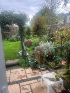 a garden with potted plants and a table at Pilgrims Retreat in Kent