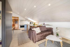 a living room with a couch and a kitchen at Studio Wacholderheide in Albstadt