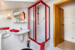a bathroom with a shower and a sink and a mirror at Studio Wacholderheide in Albstadt +24 photos