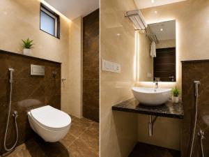 two pictures of a bathroom with a toilet and a sink at Hotel Karma Inn Near Akshay Patra Jagatpura in Jaipur