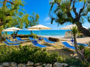 ein Strand mit blauen Liegestühlen und Sonnenschirmen in der Unterkunft Hotel Del Levante in Torre Canne