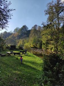 a woman walking in the grass next to a river at Ostoja nad potokiem Dwernik in Dwernik