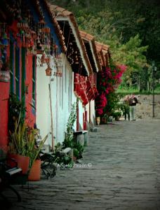 una calle adoquinada con un grupo de edificios y flores en Villa Salomé Apartamentos Turísticos, en Duitama