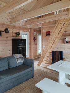 a living room with a couch in a log cabin at Villa Goškanjávri in Inari