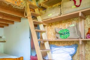 a bunk bed in a room with wooden shelves at Logement Bourbon - coeur Ardèche in Lamastre