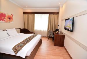 una camera d'albergo con letto e TV di Angkasa Garden Hotel a Pekanbaru