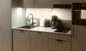 a kitchen with a sink and a counter top at Downtown studio, near railwaystation, with exercise facilities in Seinäjoki