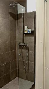 a shower with a glass door in a bathroom at Downtown studio, near railwaystation, with exercise facilities in Seinäjoki