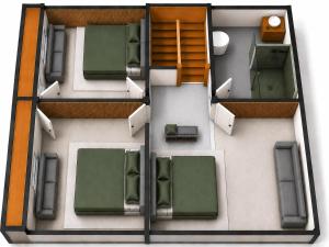 a dollhouse floor plan of a house with green at Cranberry Cabin Buscat in Muntele Băişorii