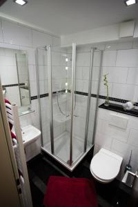 a bathroom with a shower and a toilet and a sink at Hotel Am Sportpark in Duisburg