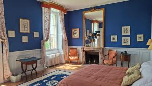 a bedroom with blue walls and a mirror and a bed at Le Château de La Coste in Saint-Julien