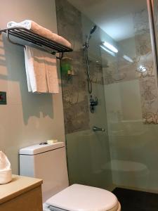 a bathroom with a toilet and a glass shower at Shenzhen Sunon Hotel,Dongmen (Formerly Sunon Holiday Villa Hotel) in Shenzhen