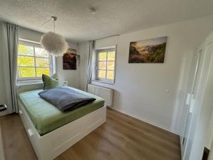 a bedroom with a bed and two windows at Ferienwohnung Am Weifberg in Hinterhermsdorf Sächsische Schweiz in Hinterhermsdorf