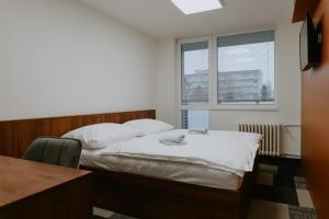 a bedroom with a bed and a table and a window at ŠD Jedlíkova 9 in Košice