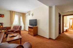 a living room with a couch and a tv at Hotel Sarmis in Deva