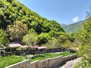 a view of a mountain with a retaining wall and trees at Restaran otel in İsmayıllı